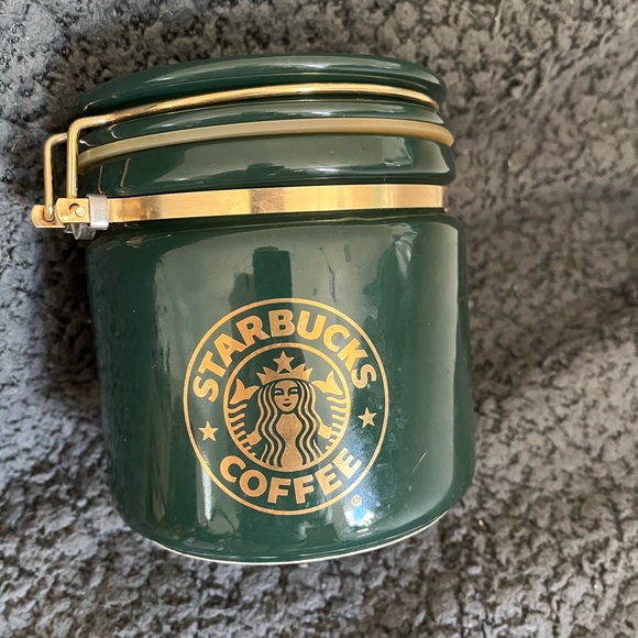 Starbucks Other - Starbucks Coffee Canister Green Gold Logo Mermaid Jar Ceramic Bee House 5.5"